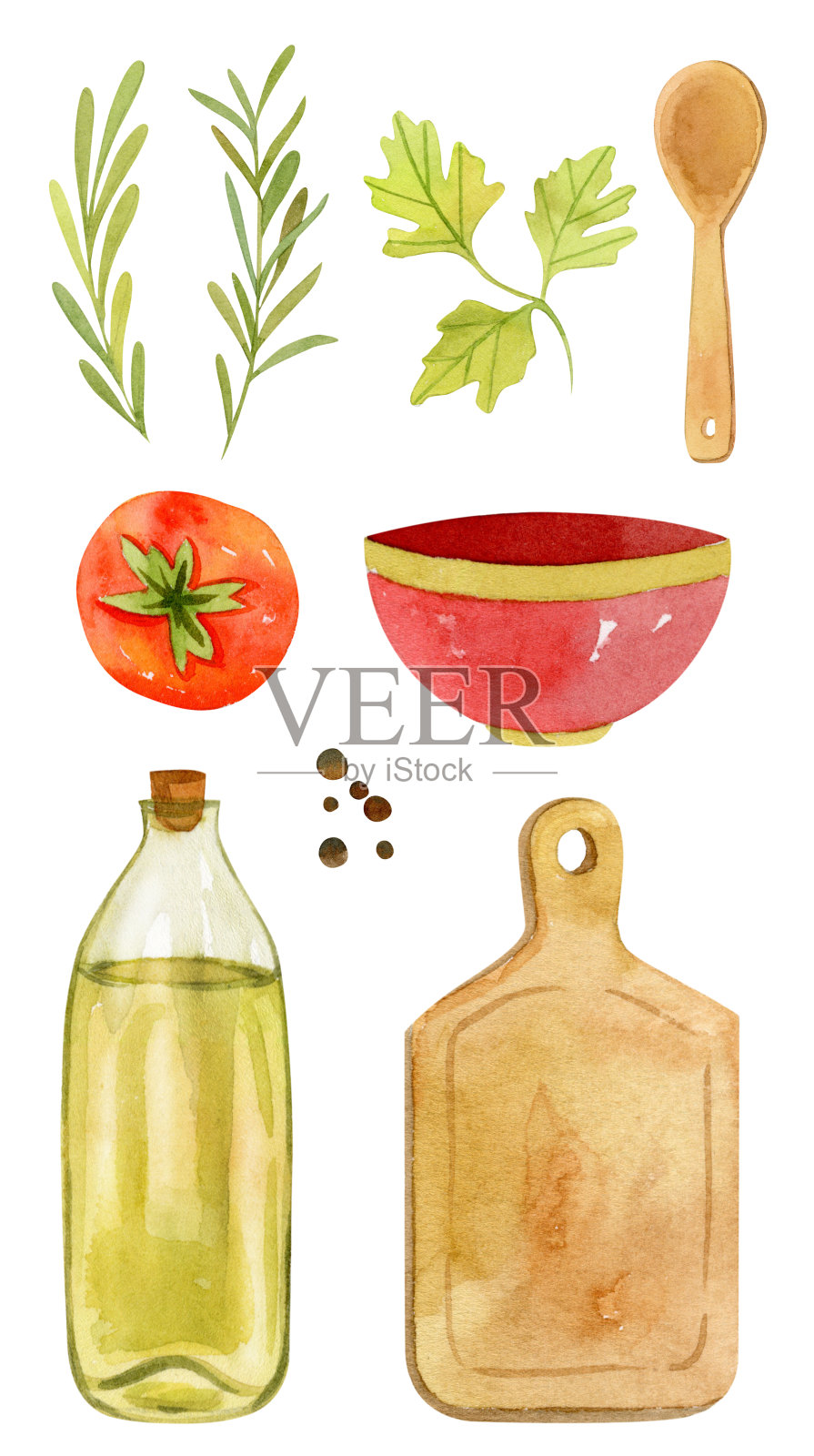 橄榄油，绿色植物，西红柿，切菜板手绘水彩插图插画图片素材