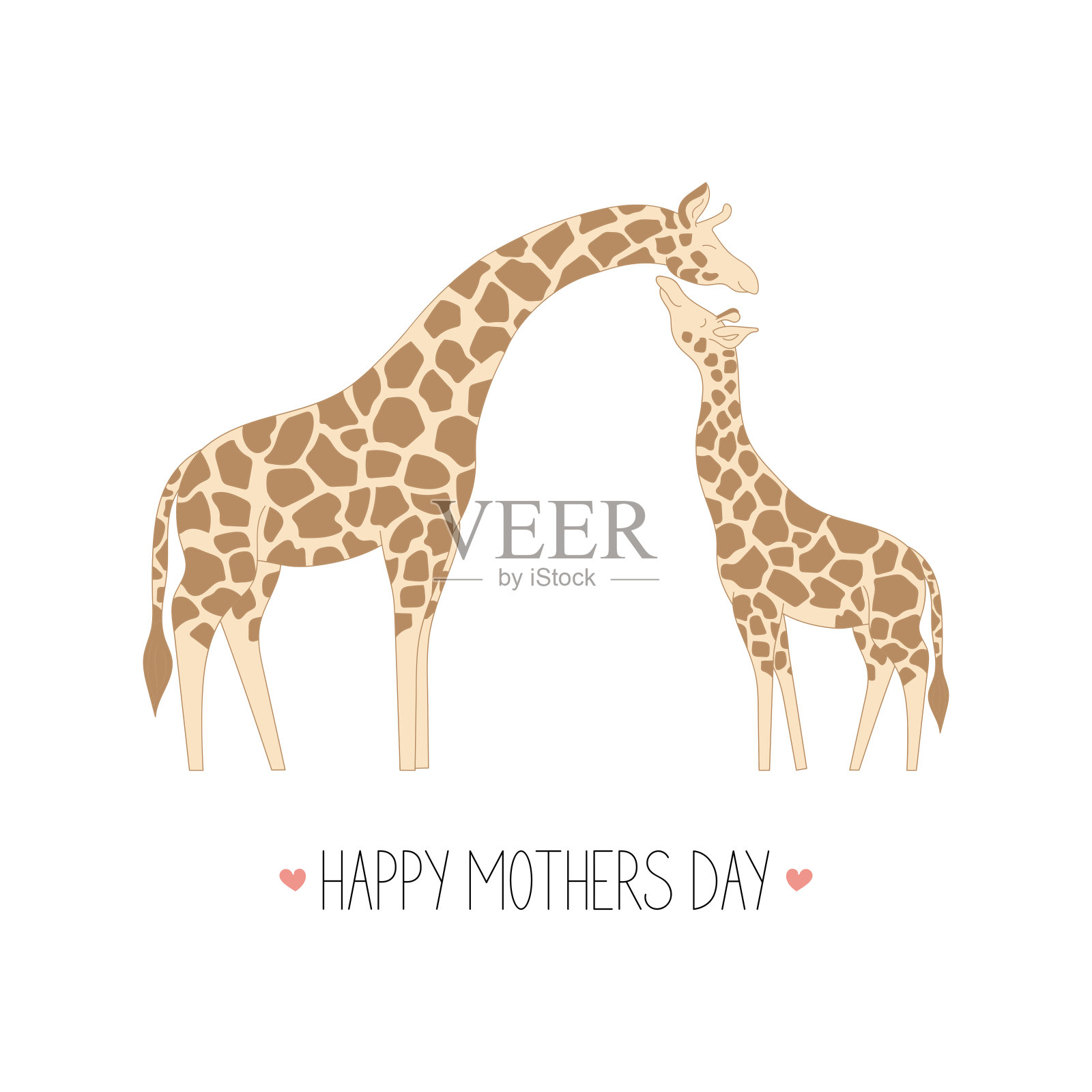 画可爱的妈妈长颈鹿和小长颈鹿在白色的背景。母亲节贺卡。矢量插图。插画图片素材