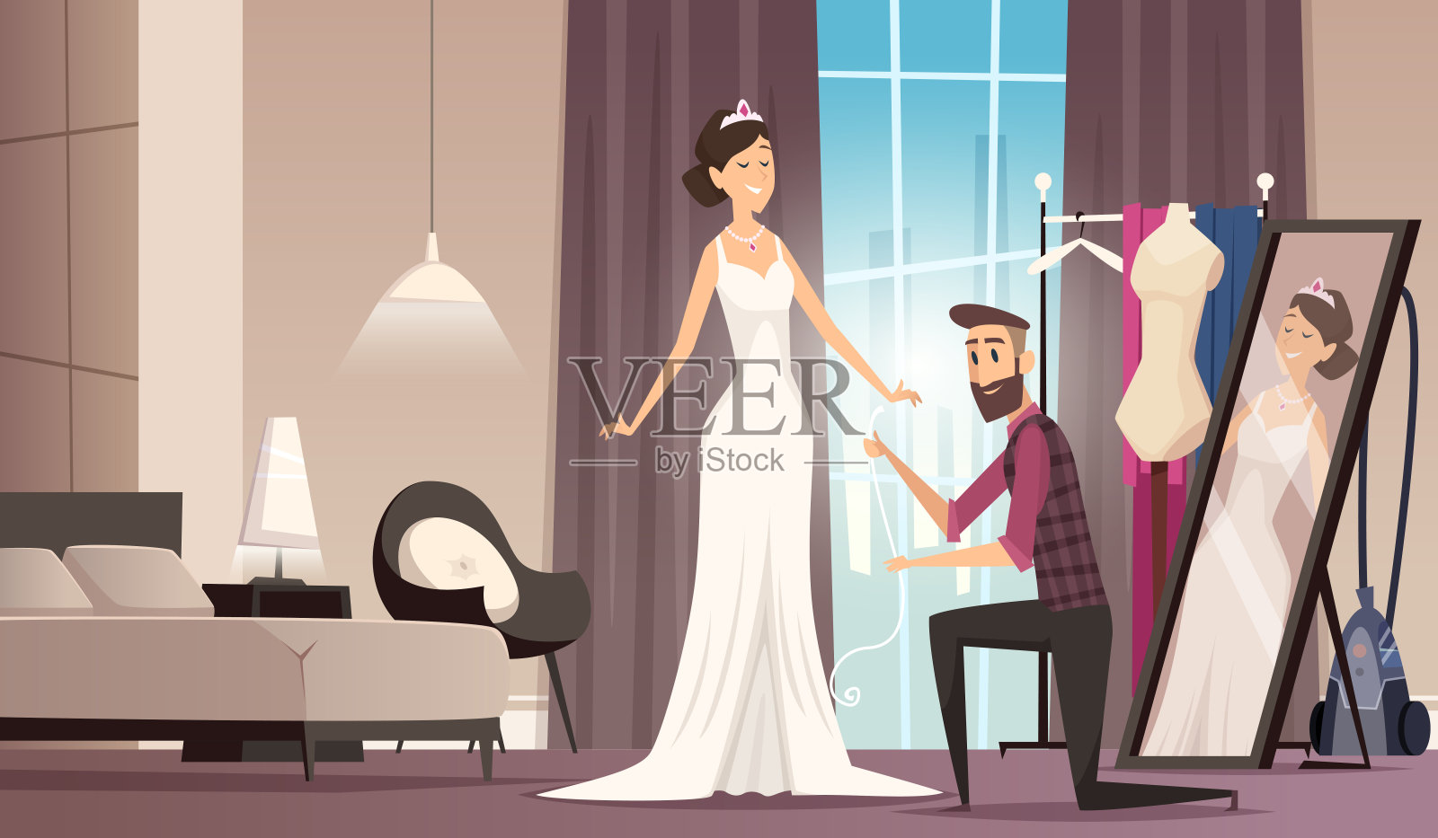 合适的婚纱。裁缝为美丽的新娘制作服装裁缝车间服装矢量卡通背景插画图片素材