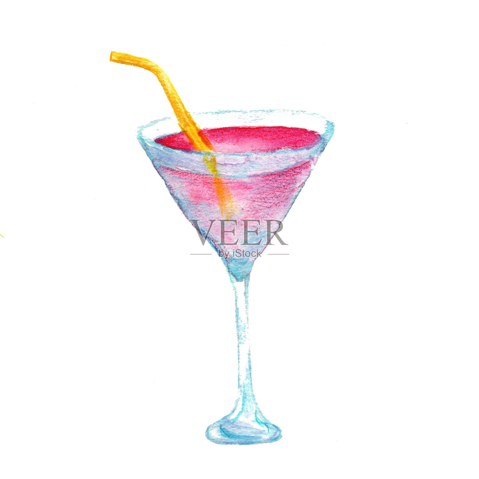 漂亮的杯子上放着粉红色的鸡尾酒。美味的海滩喝。在酒吧消遣。水彩插图。海滩2020年赛季。夏天插画图片素材