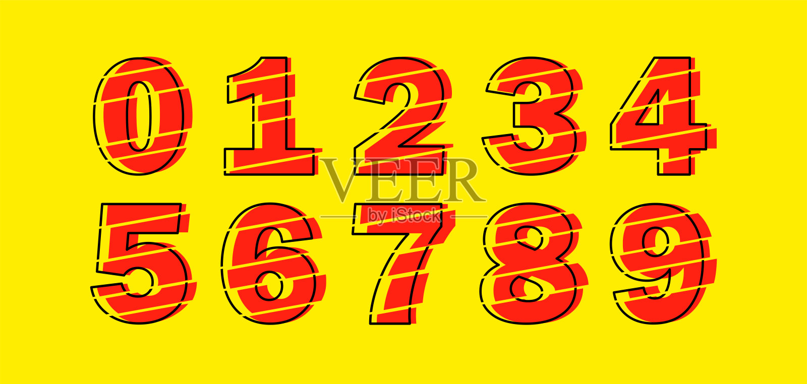一组从0到9的十个数字。Glitch现代红色矢量数设计元素。插画图片素材