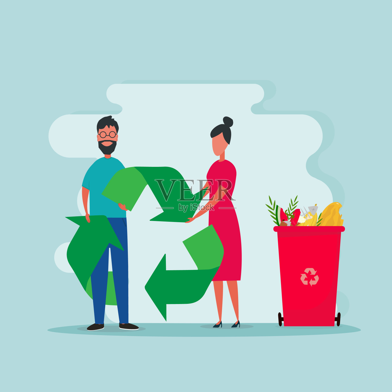 废物处理。一名男子和一名女子在蓝色背景的垃圾桶旁举着回收标志插画图片素材