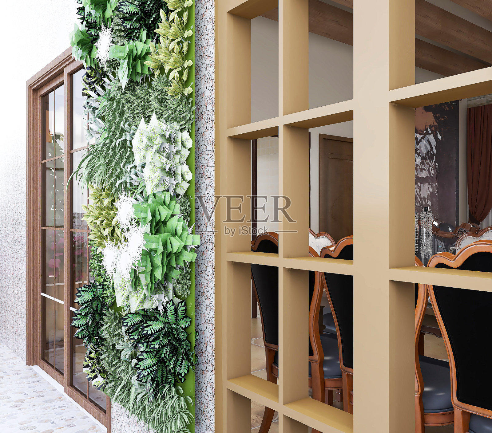露天庭院的3D渲染、亭子、沙滩椅、绿色植物等照片摄影图片