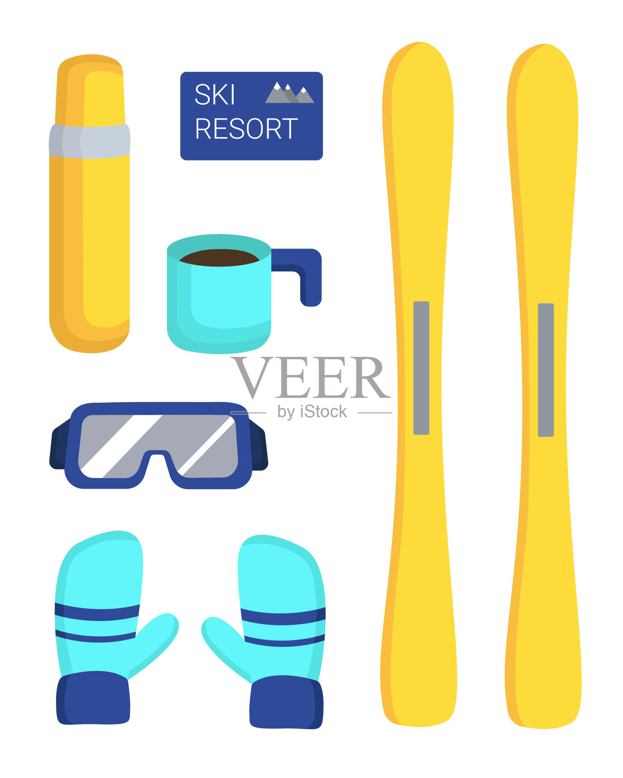 滑雪的成套项目。滑雪，滑雪面罩，热水瓶，马克杯，连指手套。滑雪胜地。向量集。设计元素图片