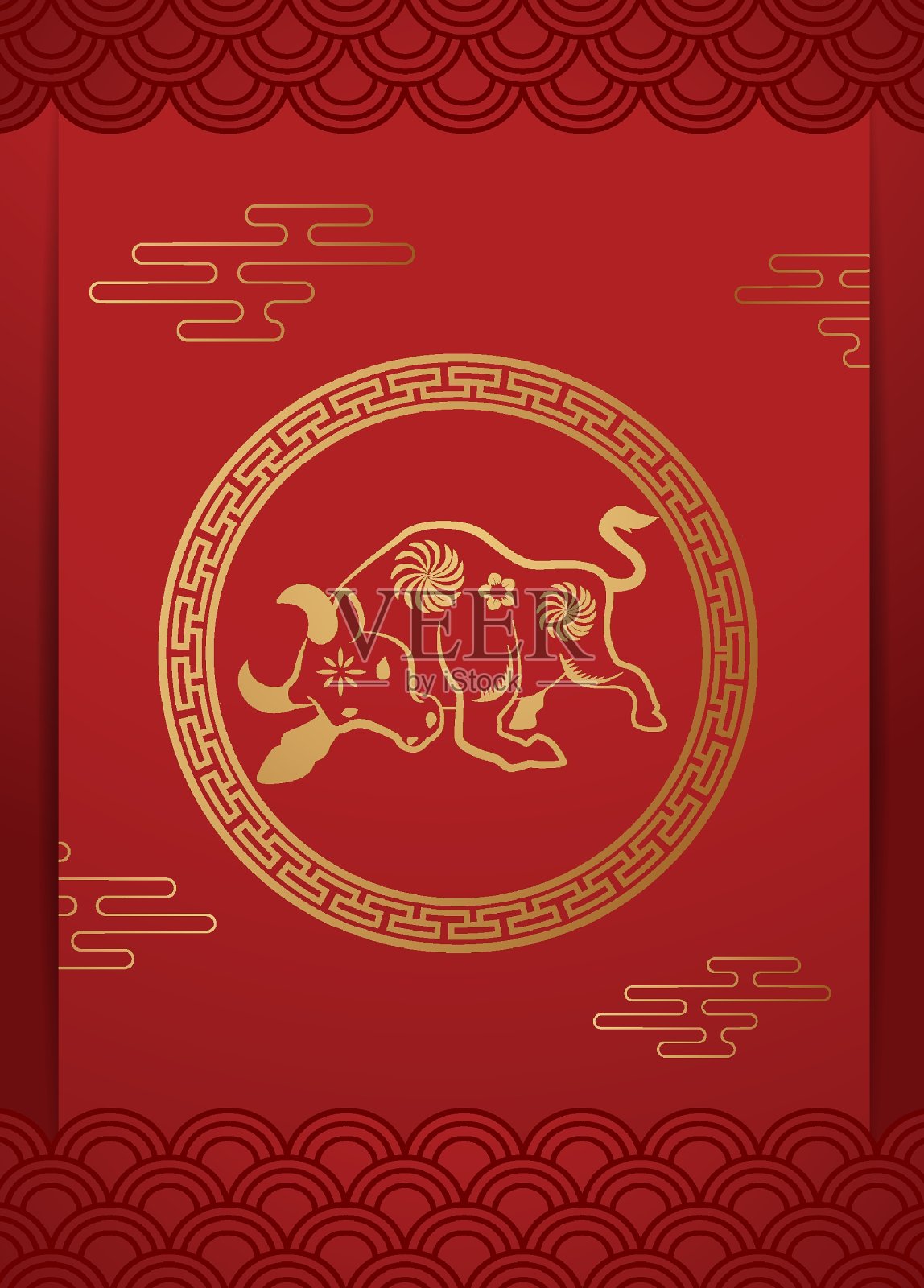2021年中国新年贺年卡生肖剪纸。牛年，金色和红色点缀。概念假日横幅模板，装饰元素。翻译过来就是:2021年春节快乐，插画图片素材