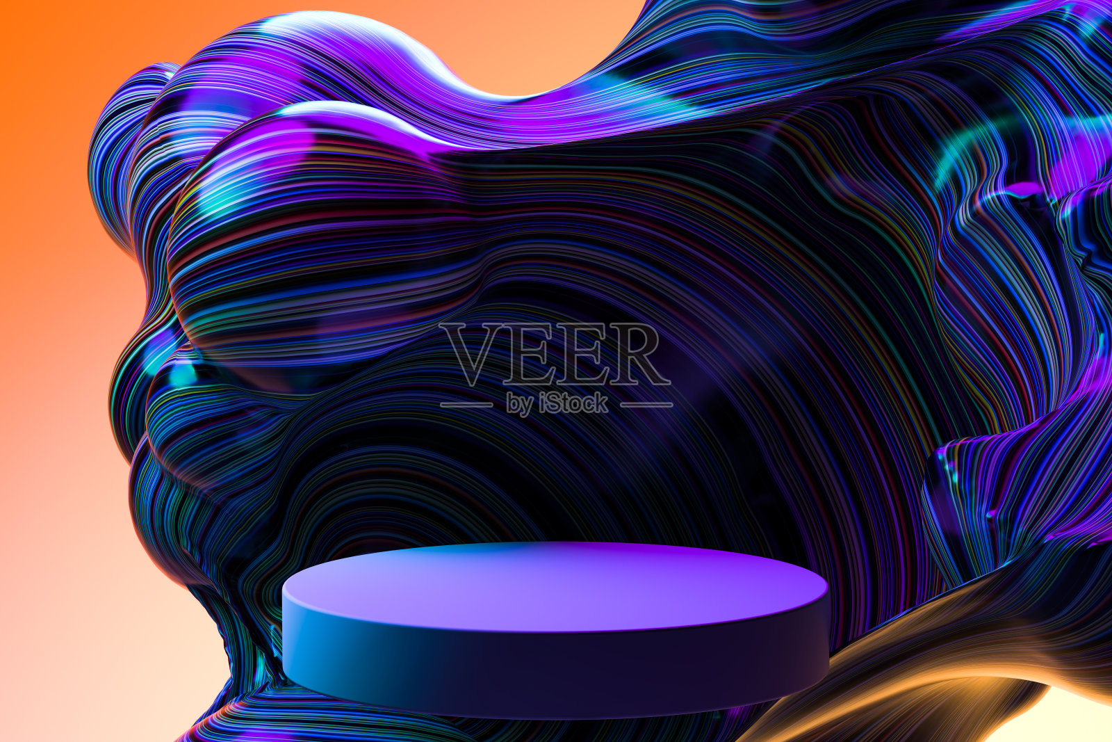 紫色圆形展示空间与抽象的多色液体暗色波在橙色的背景。3d渲染插画图片素材