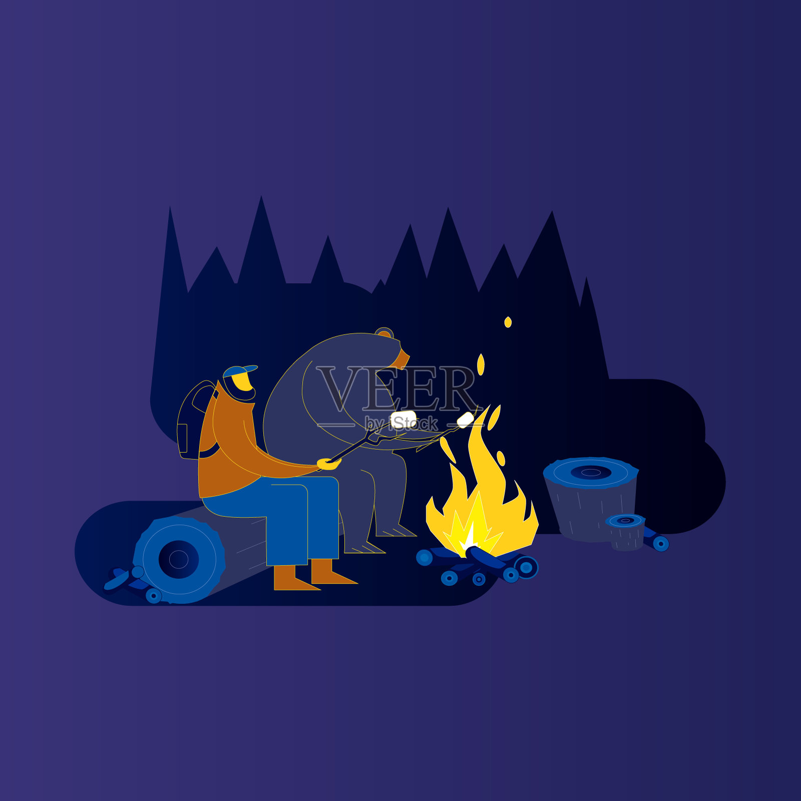 游客和熊在篝火上烤棉花糖。卡通矢量图插画图片素材