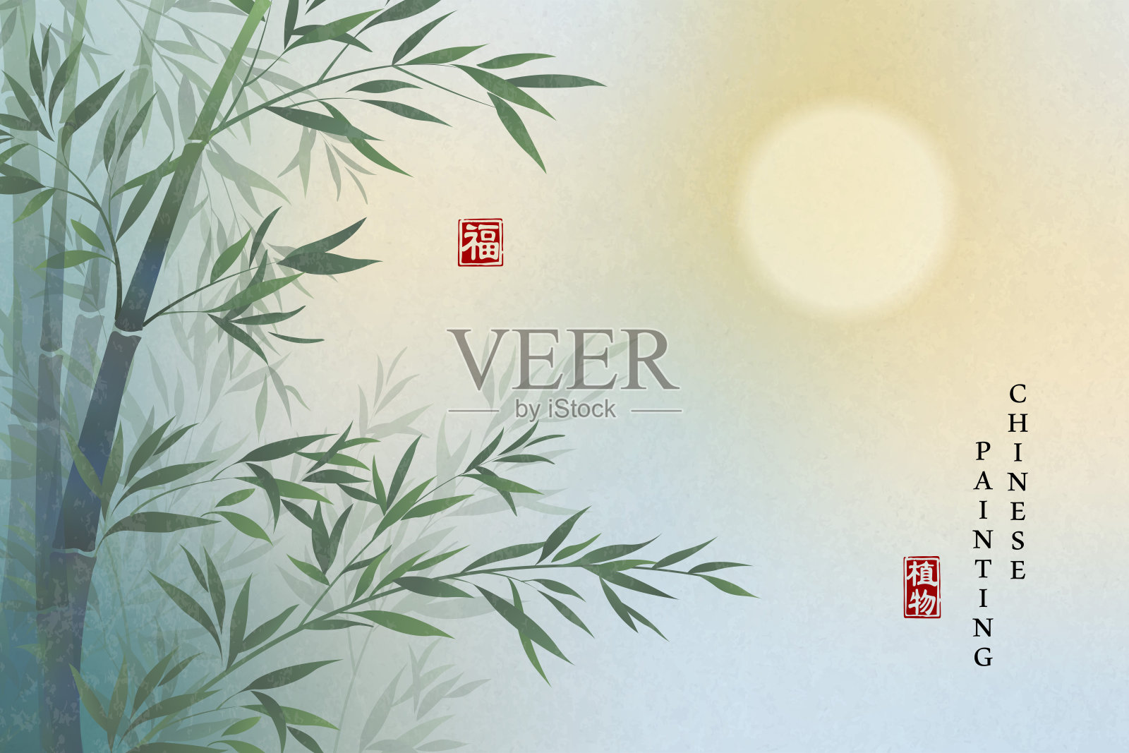 中国水墨画艺术背景植物优雅的风景竹景和满月的夜晚。中文翻译:植物和祝福。插画图片素材