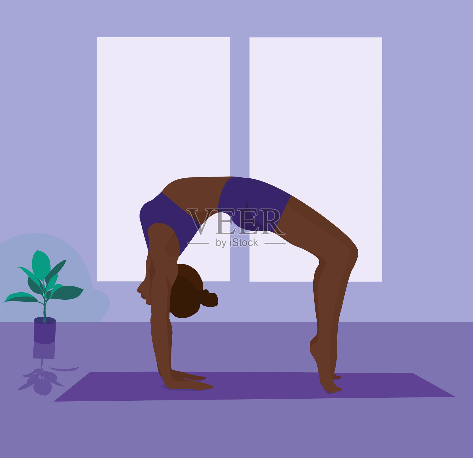 一个年轻的瑜伽女子在蓝色的背景上摆姿势。放松和冥想。健康的生活方式。平衡训练。女性的剪影。插画图片素材