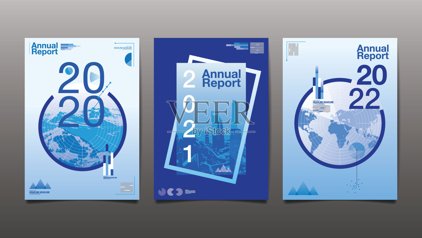 年度报告2020年，2021年，2022年，蓝色，业务，模板布局设计，封面书。矢量插图，抽象背景。设计模板素材