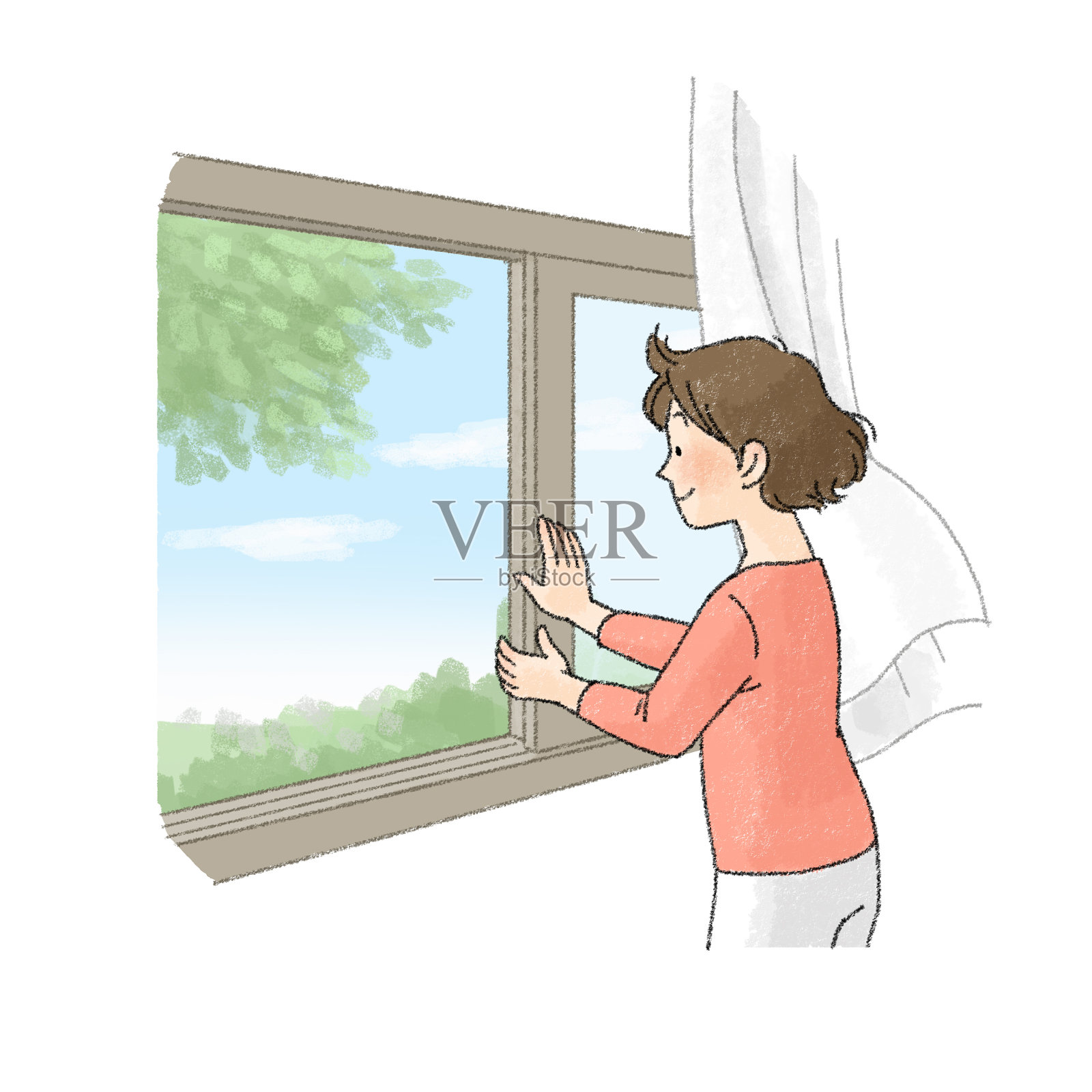 一个人打开窗户通风的插图(女人)插画图片素材