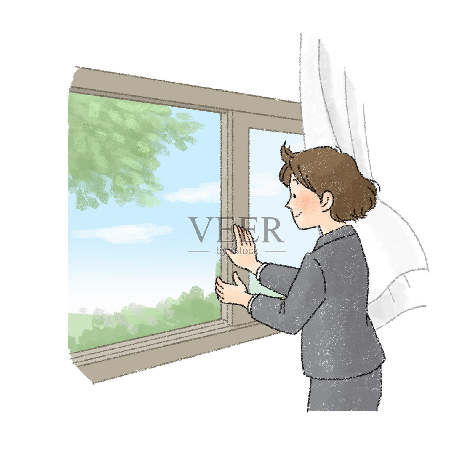 一个人打开窗户和通风的插图(女性办公室职员)插画图片素材