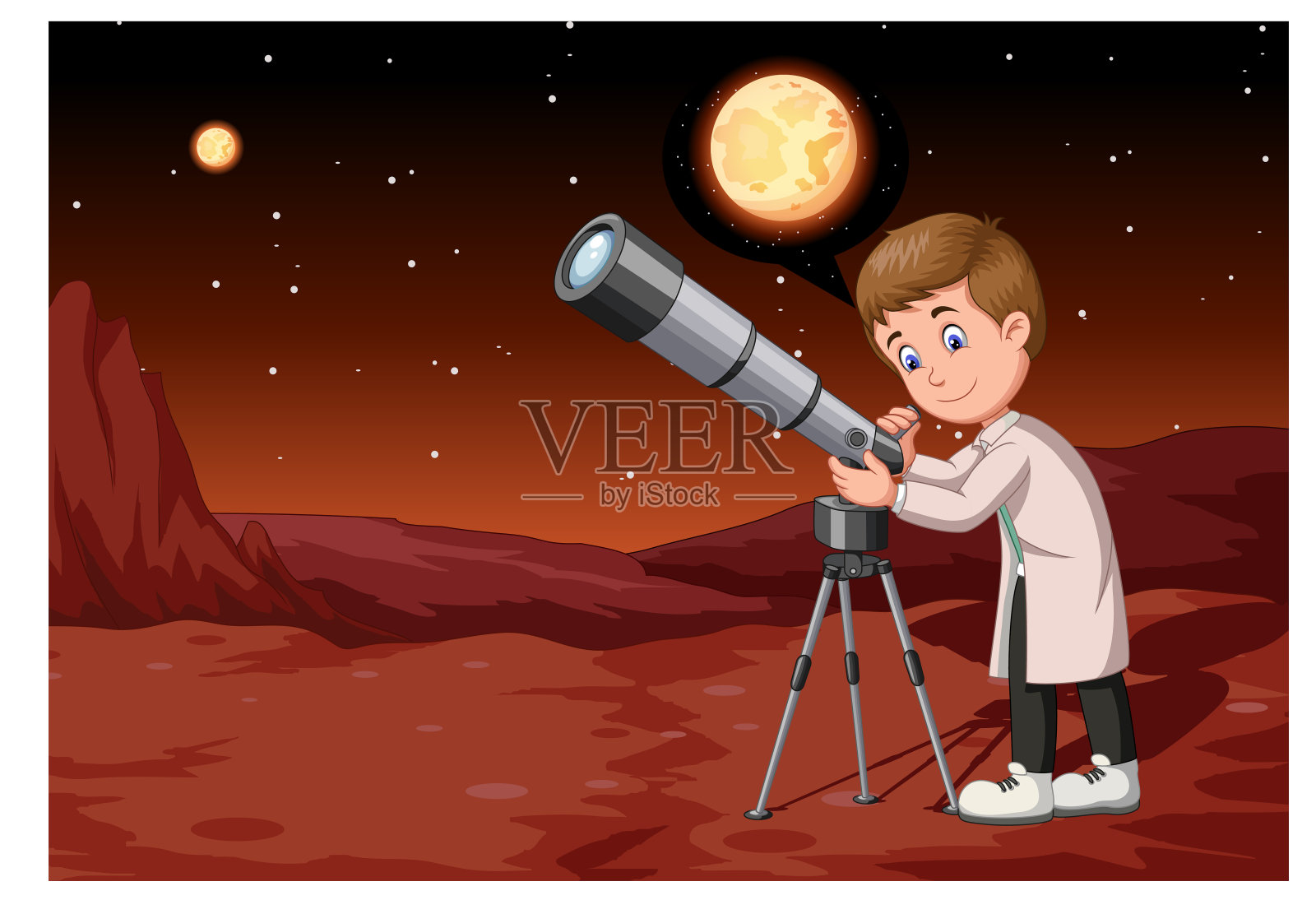 英俊的科学家与望远镜在火星表面卡通插画图片素材