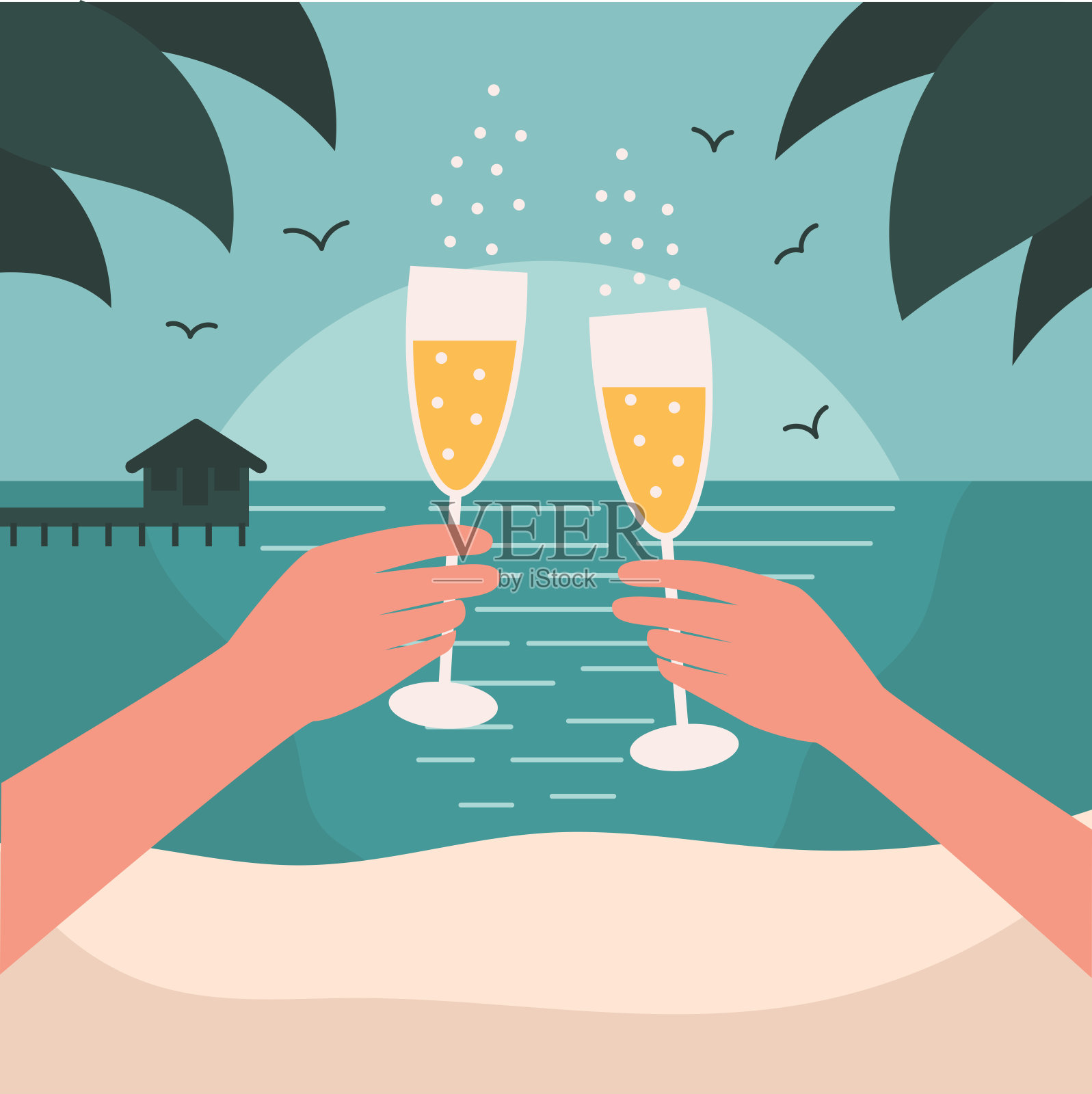沙滩约会。一个休息和放松的假期的概念。男人和女人的手都握着香槟杯。一个热带国家的爱情和浪漫。平面向量插图插画图片素材