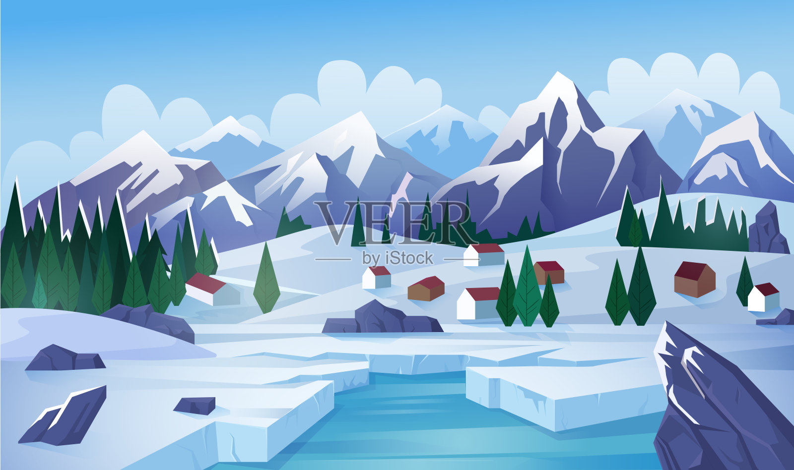 冬季湖平面矢量插图插画图片素材