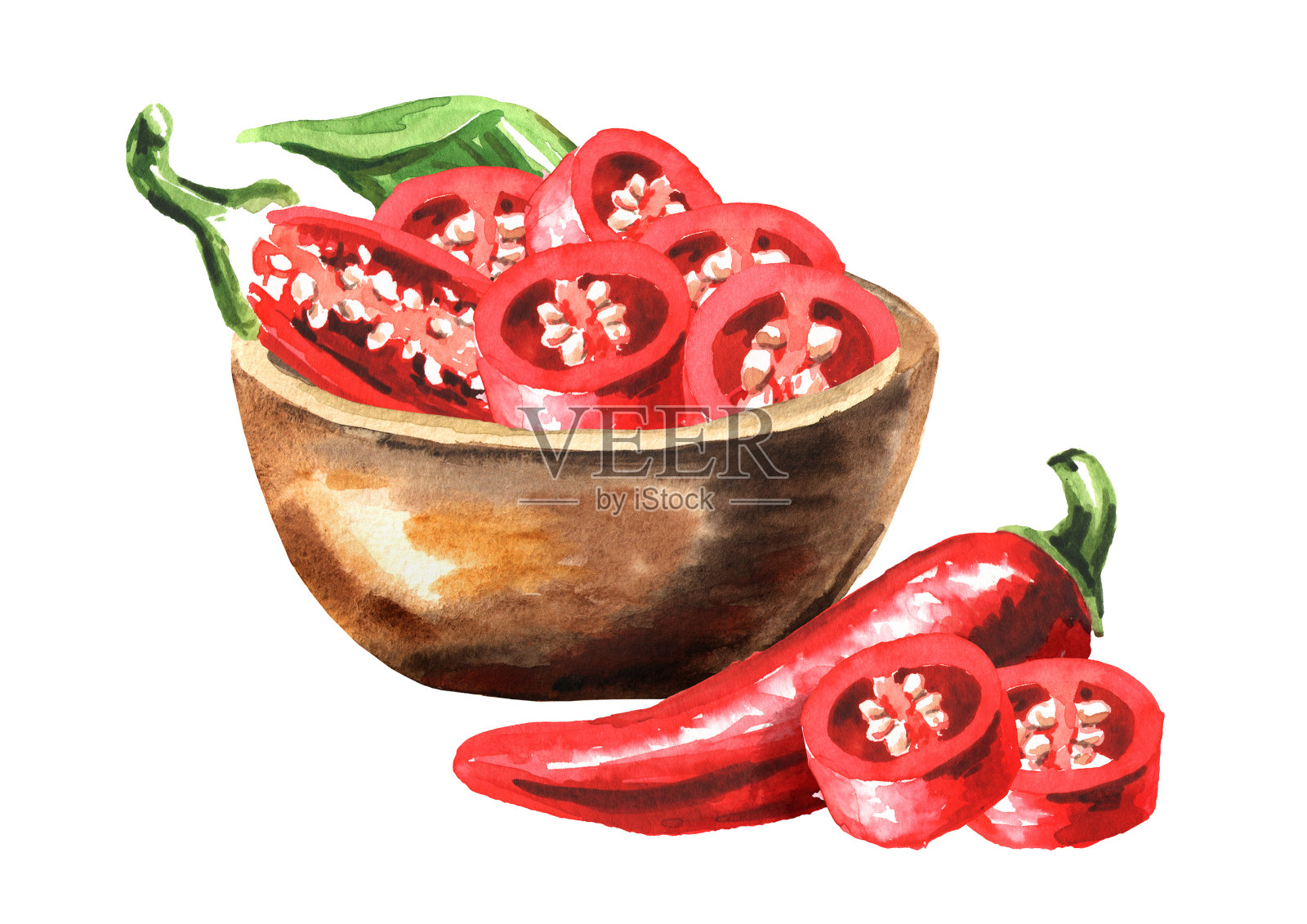 碗里放红辣椒，整颗豆荚，切成两半，切成片。手绘水彩插图，孤立的白色背景插画图片素材