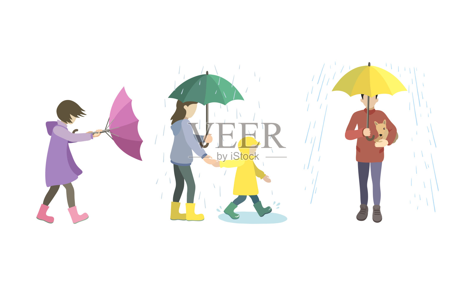 狂风暴雨天气下打伞的卡通素材下载