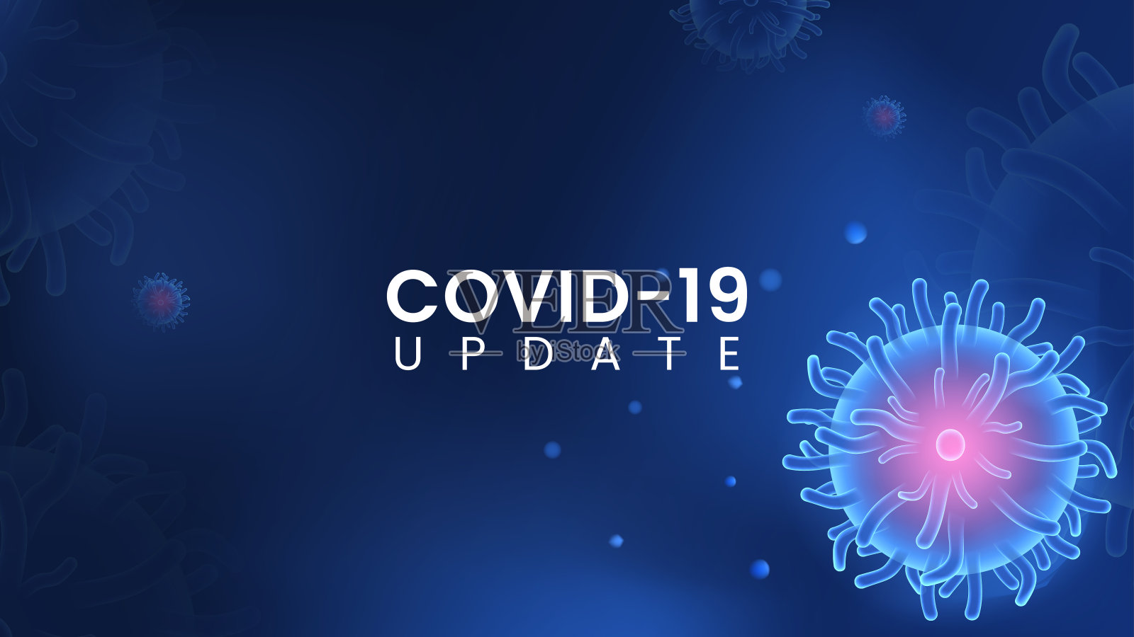 2019冠状病毒病(Covid-19或2019- ncov)大流行更新，蓝色背景3d显微镜。可用于插图，新闻，教育。溢价向量EPS10插画图片素材
