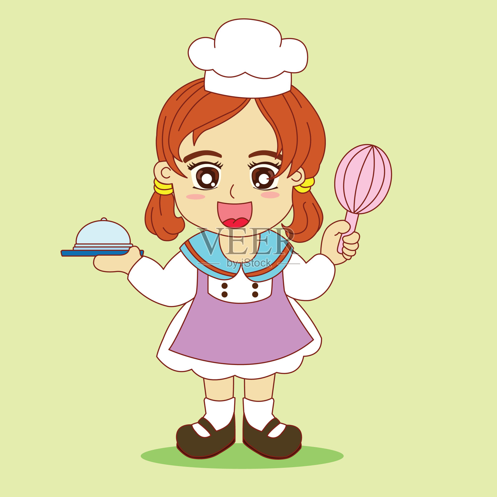 卡通矢量厨师女孩设计人物身穿白色厨师服，手拿搅拌器和一盘菜，表情开朗，准备上菜，孤立的绿色背景。设计元素图片