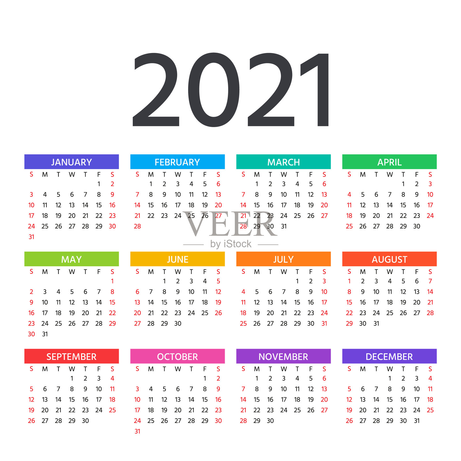 2021年日历。矢量插图。模板一年计划。设计模板素材