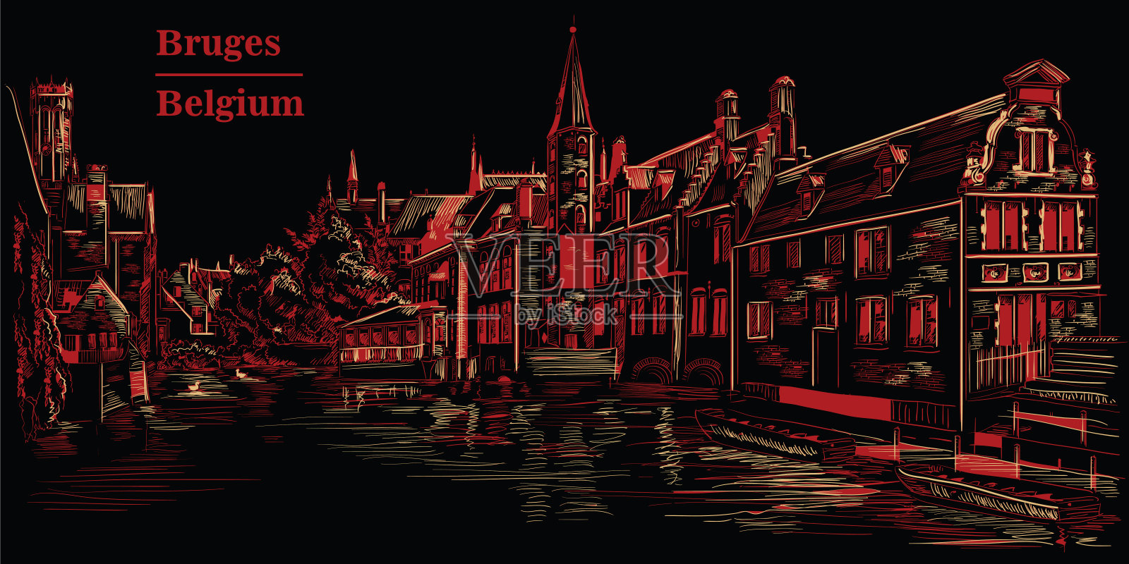 在比利时布鲁日，欧洲的Rozenhoedkaai水渠，黑色和红色设计模板素材