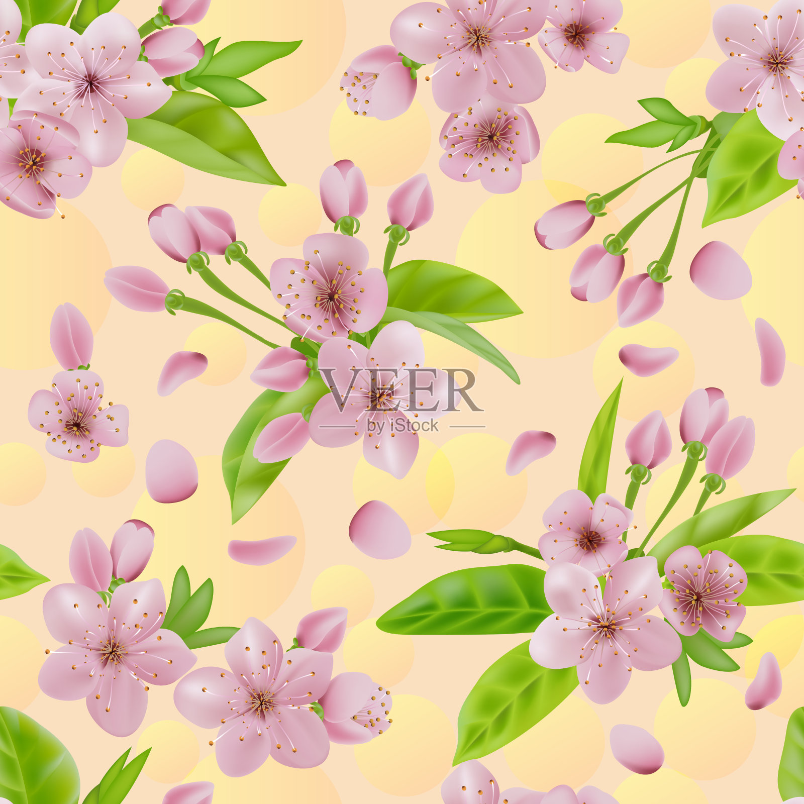 樱花盛开的无缝图案。粉红色的花和嫩绿的叶子在明亮的背景上。明媚的春季模式。每股收益10插画图片素材