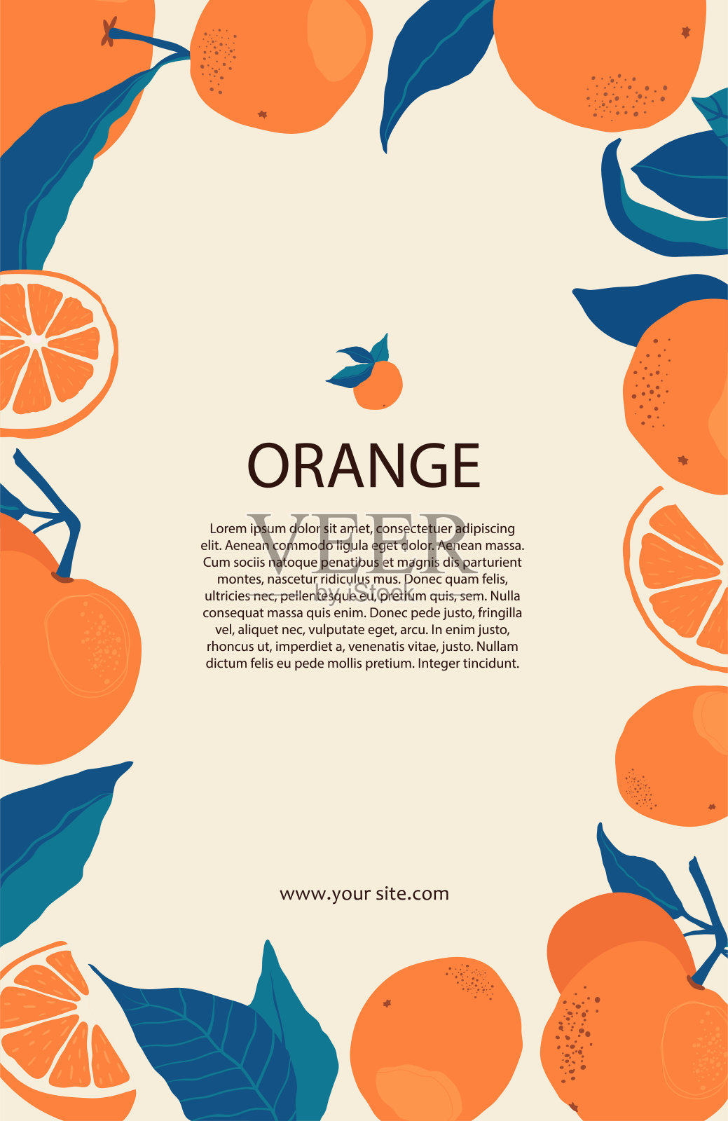 橙子框架在树枝上与复制空间在平面风格。模板与柑橘水果为您的宣传册设计，横幅，标签。向量股票插图插画图片素材