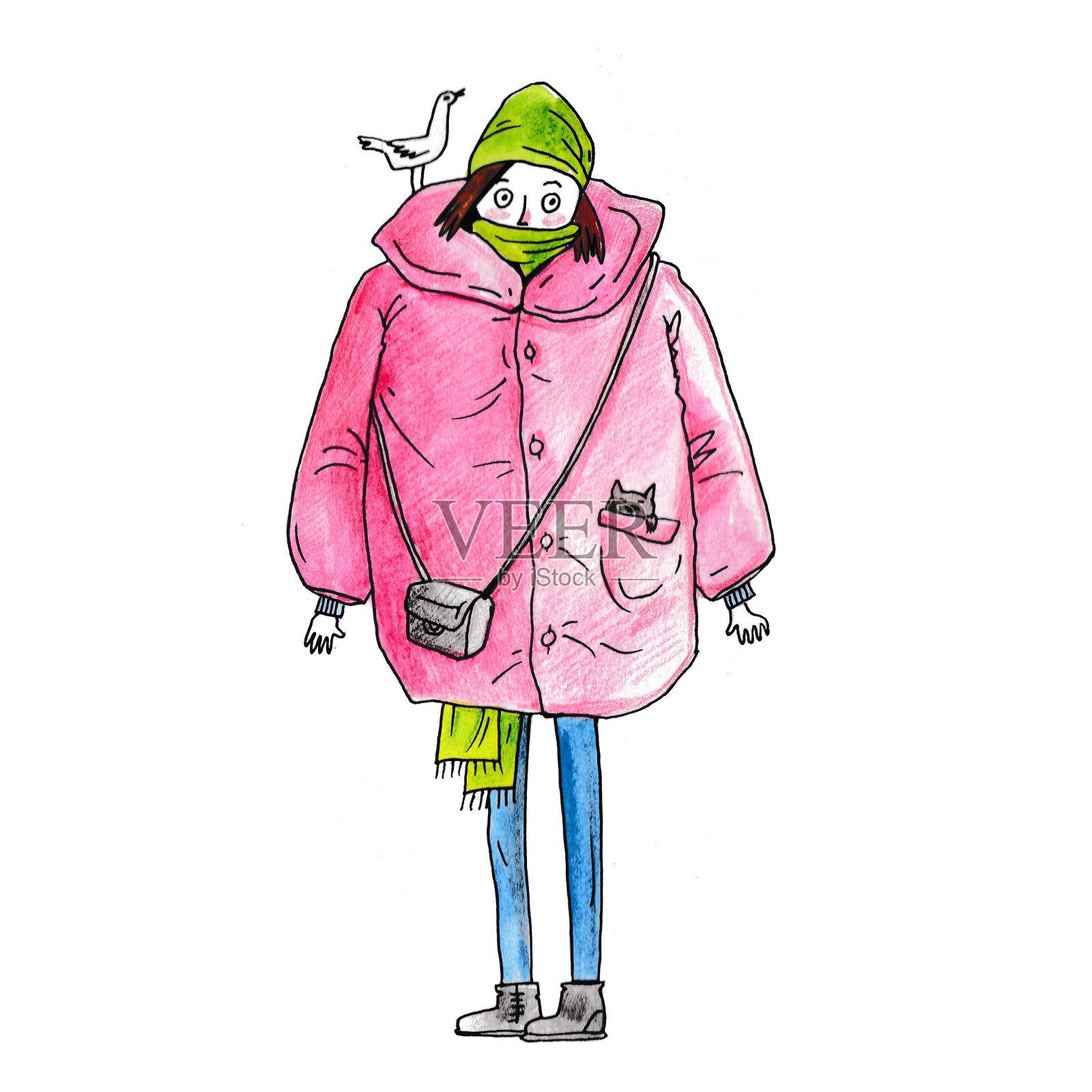 水彩素描的一个男人在外套，一个时尚的女孩在潮流插画图片素材