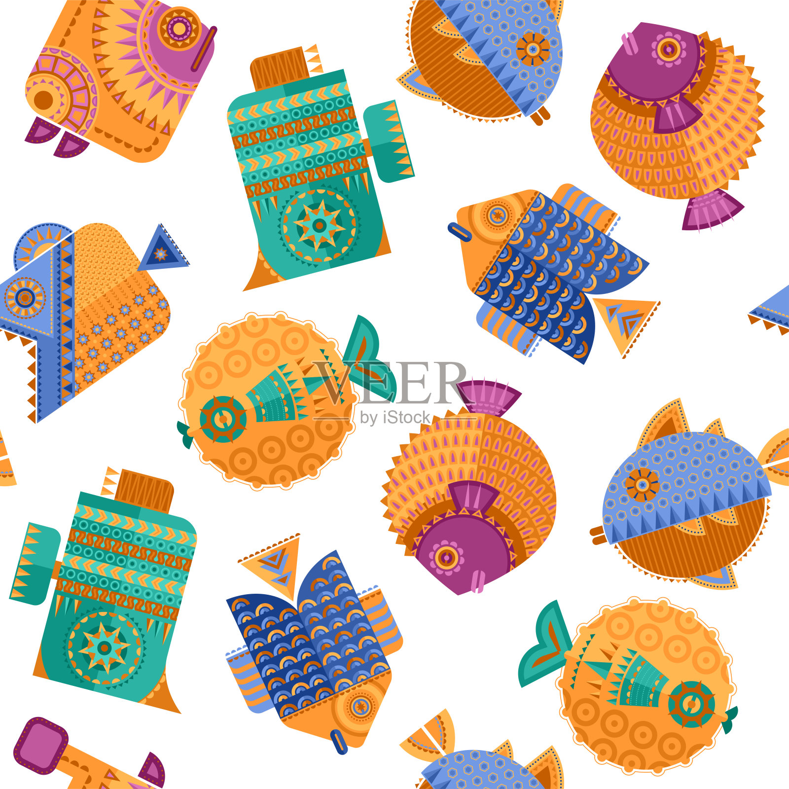 几何造型的多色装饰鱼。无缝的背景图案。插画图片素材
