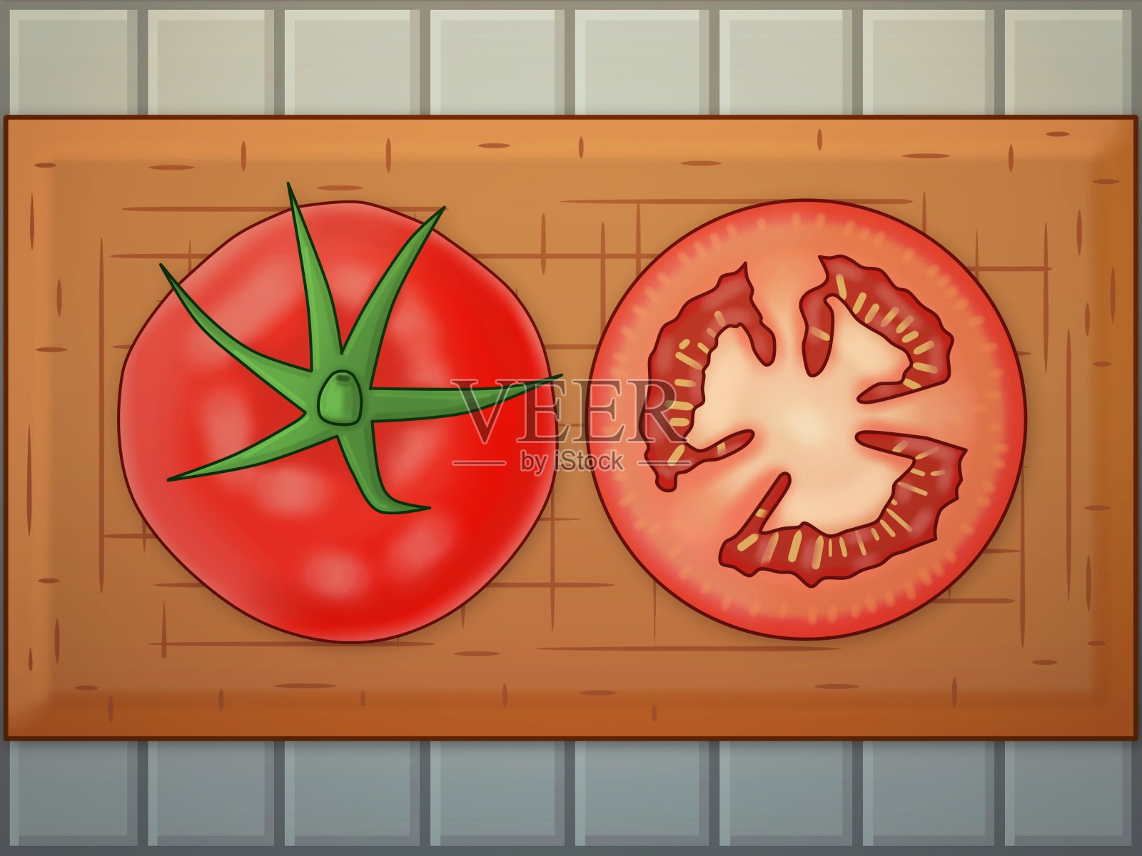 新鲜的西红柿，切好，放在木板上插画图片素材