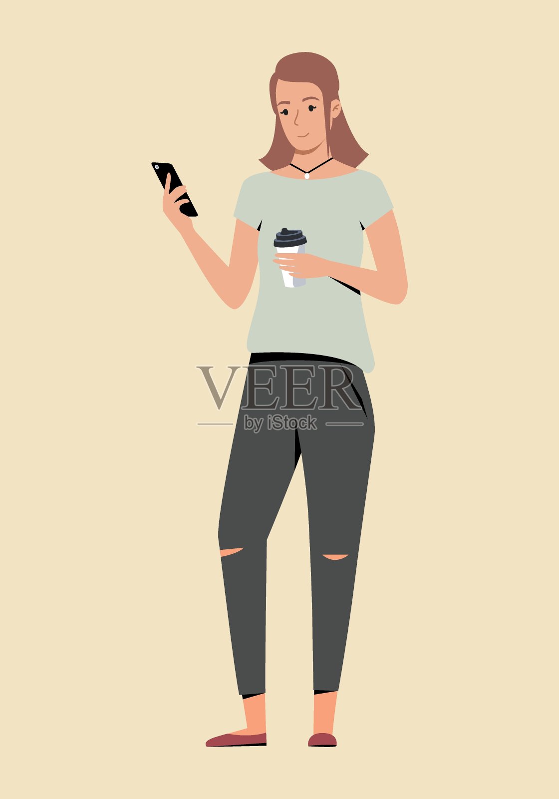 年轻女子一边用智能手机一边喝咖啡。人们在你的手机里交流和自拍。插画图片素材
