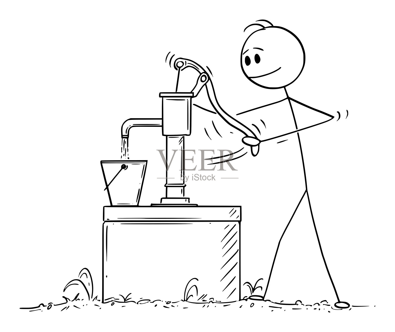 矢量卡通插图的人或农民从井抽水插画图片素材