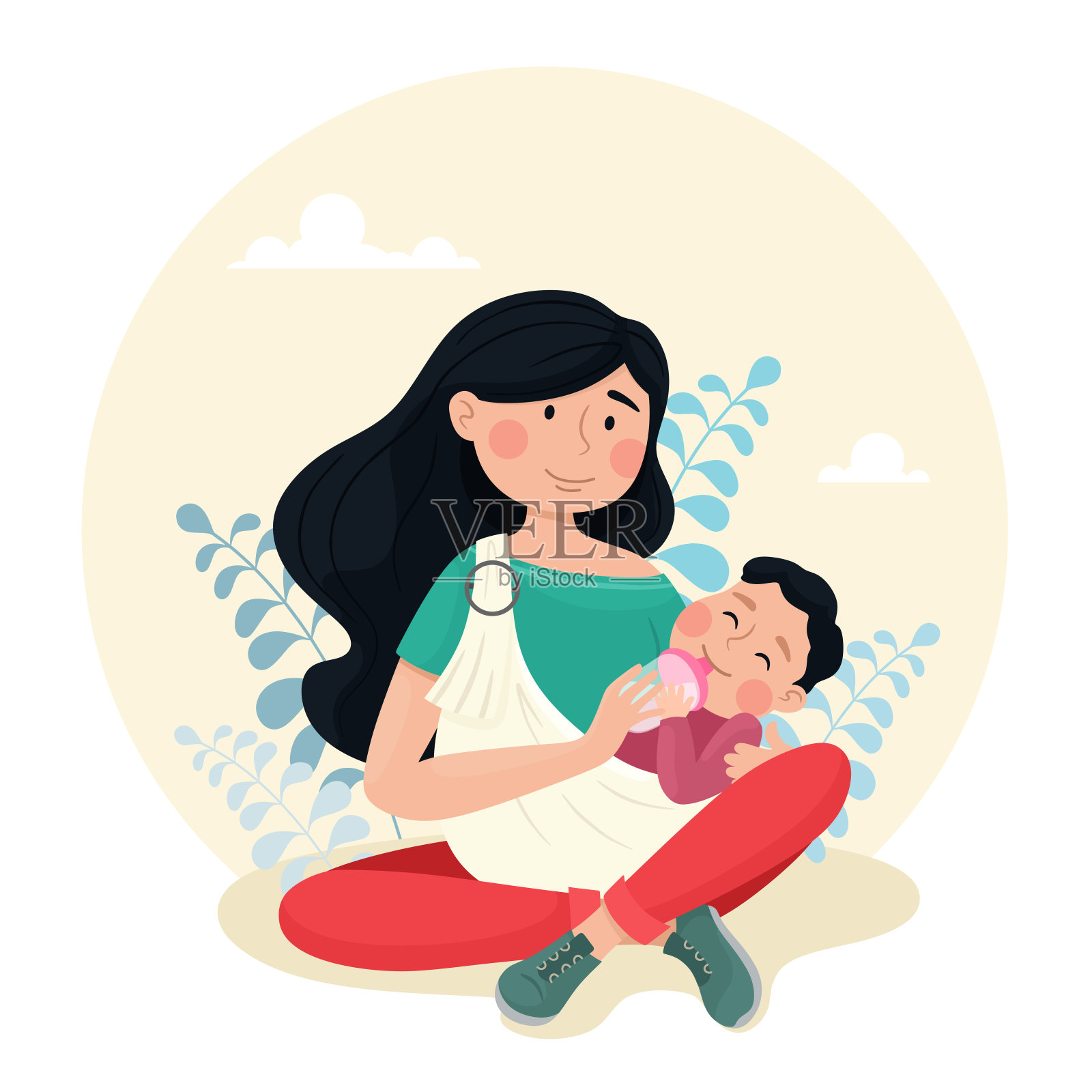 年轻的母亲用奶瓶喂婴儿。带着婴儿的妈妈。矢量插图卡通风格。插画图片素材