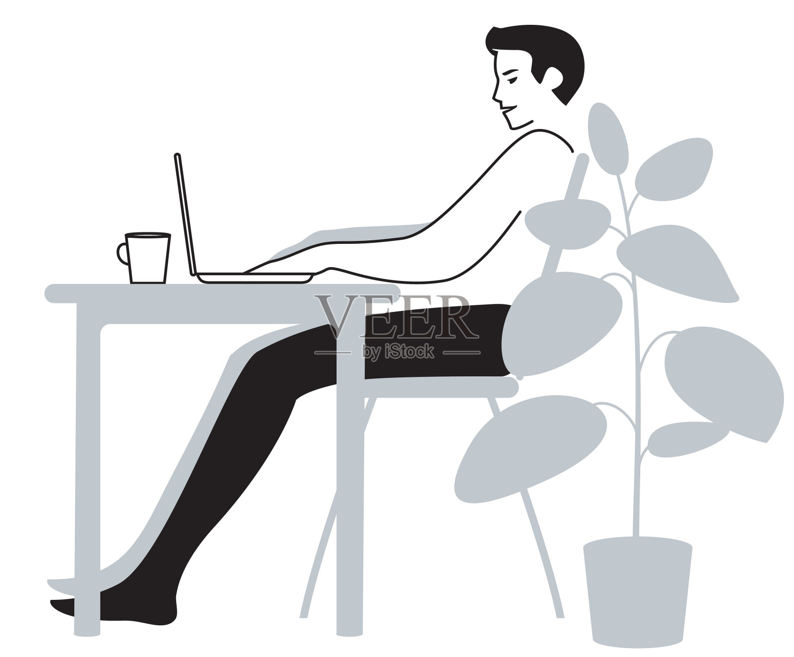 一个年轻人在家里用笔记本电脑工作，一个自由职业者概念，黑白灰矢量插图。插画图片素材