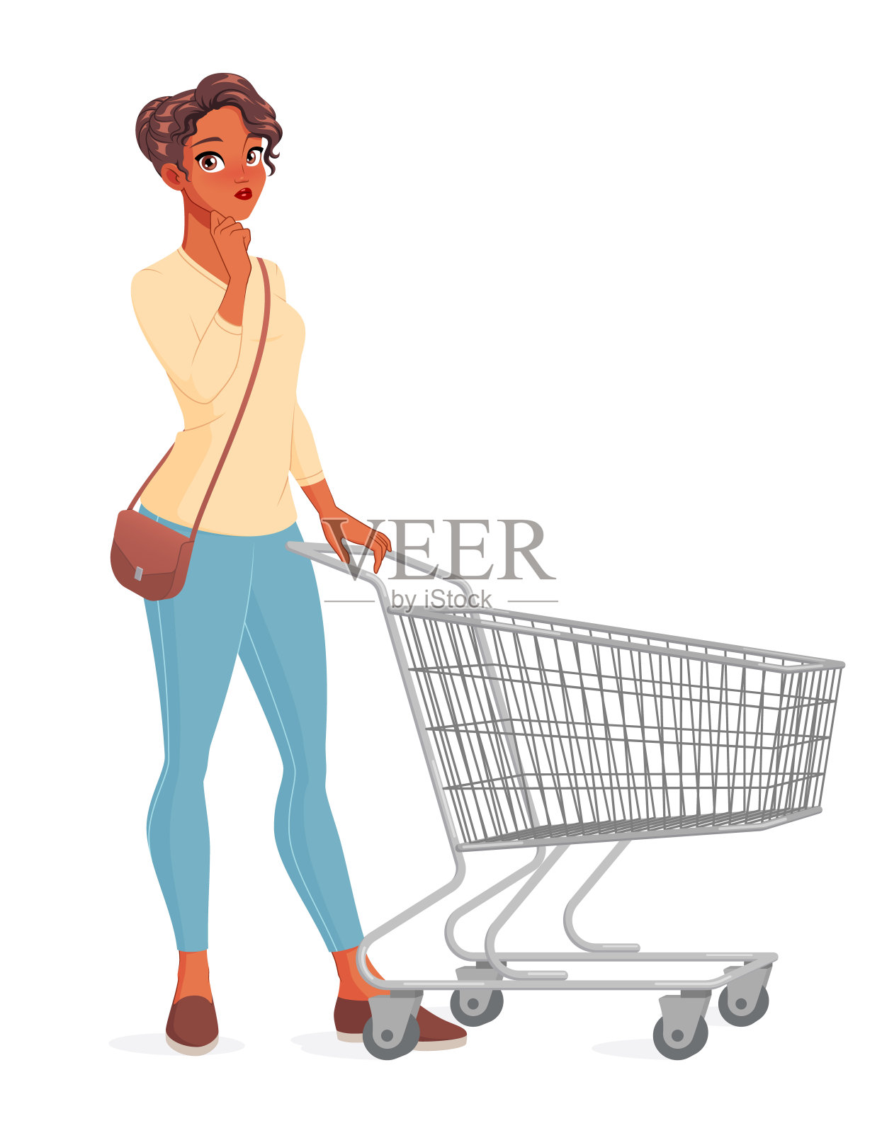 体贴的年轻女人推着购物车。孤立的矢量图。设计元素图片