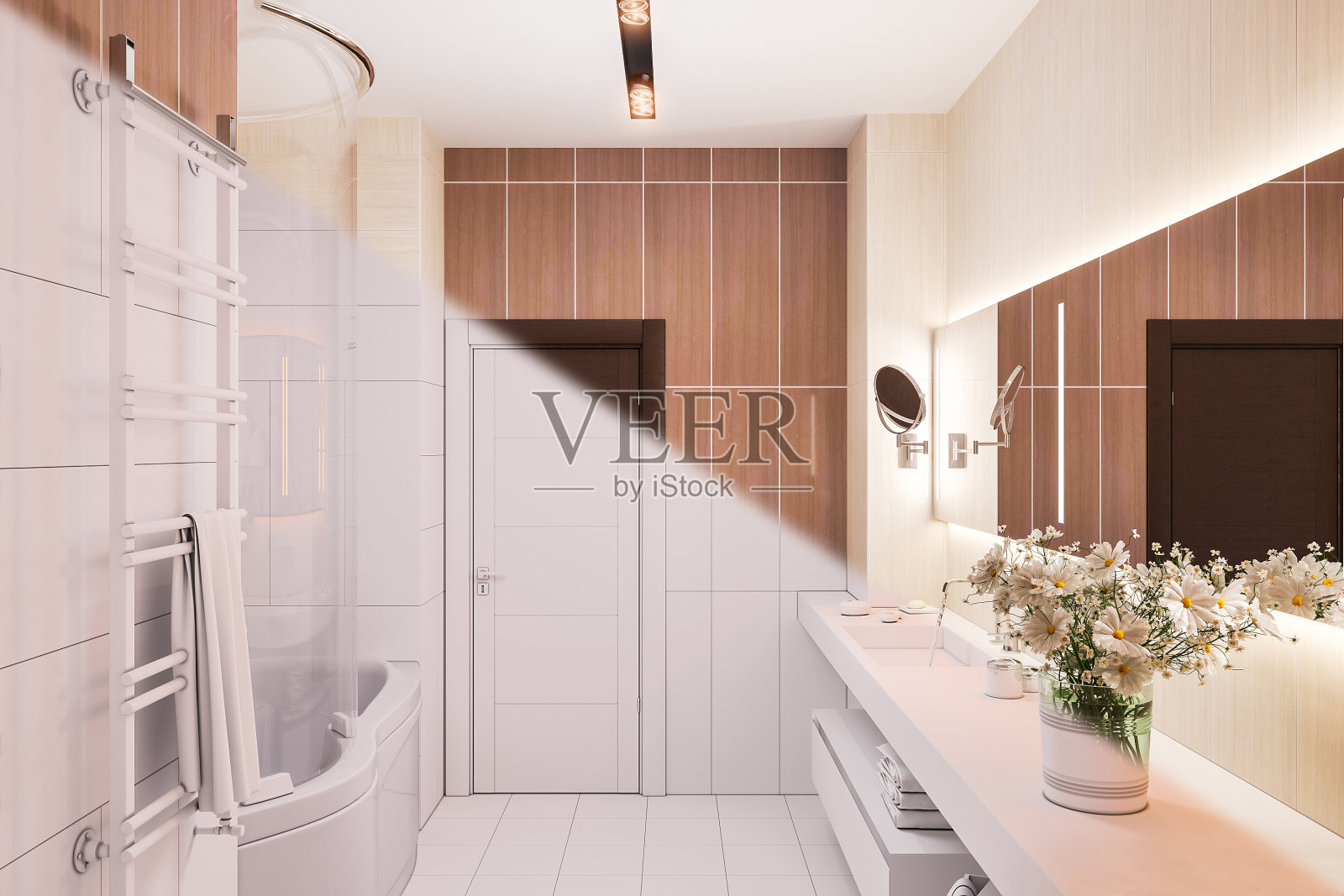 3d渲染室内设计的现代浴室与一个大镜子照片摄影图片