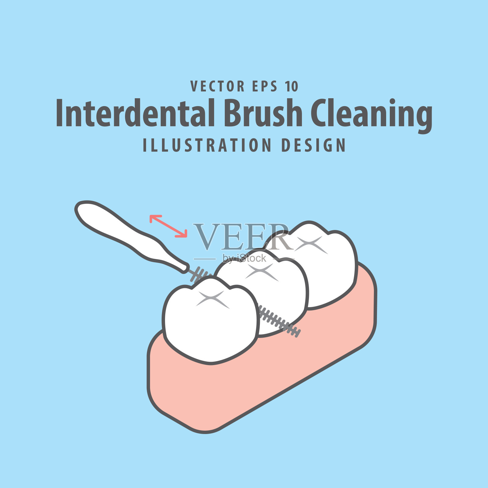 牙缝刷清洁牙齿的插图矢量设计在蓝色的背景。牙科保健的概念。插画图片素材