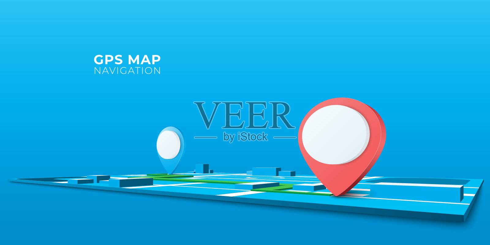 GPS导航员大头针图标搜索路线方式在世界地图的背景。定位器位置点。三维透视矢量图插画图片素材