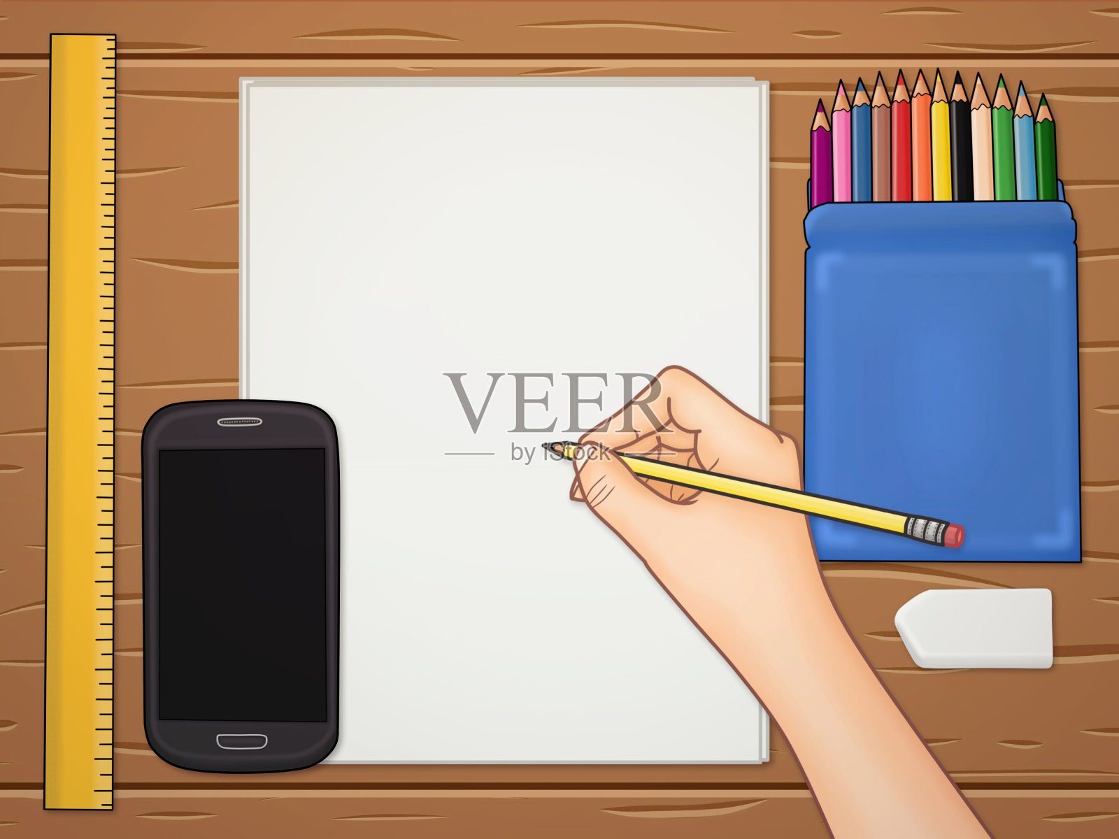 插图一只手拿着一支黄色的铅笔在几张空白页上插画图片素材