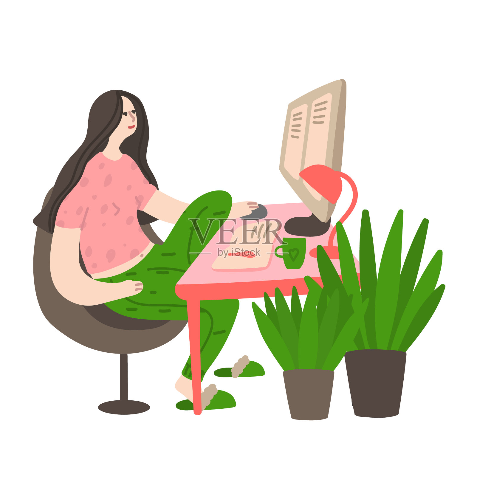 女性自由职业者在家通过电脑工作插画图片素材