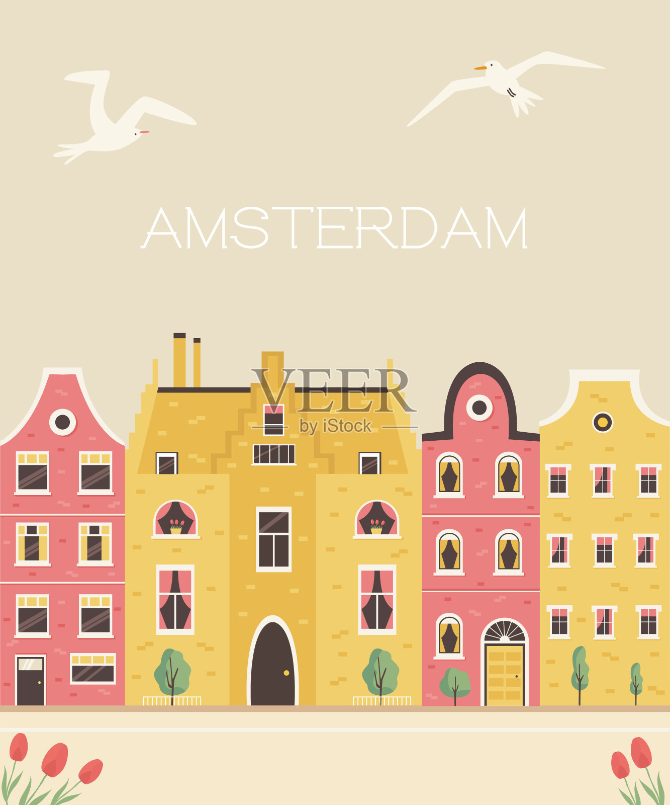 有传统建筑的阿姆斯特丹街道。平面风格的全景明信片。矢量图插画图片素材