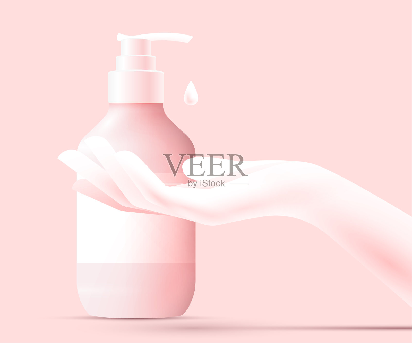 消毒的概念。液体肥皂抽瓶和女人的手轮廓。使用保湿消毒液。洗手的概念。孤立在粉红色背景上。矢量图插画图片素材