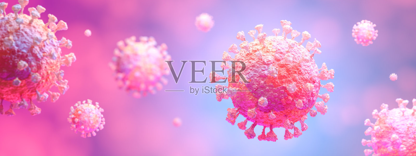 新型冠状病毒2019-nCov新型冠状病毒爆发的概念背景。漂浮的流感病毒细胞的显微镜视图。3 d演示。照片摄影图片