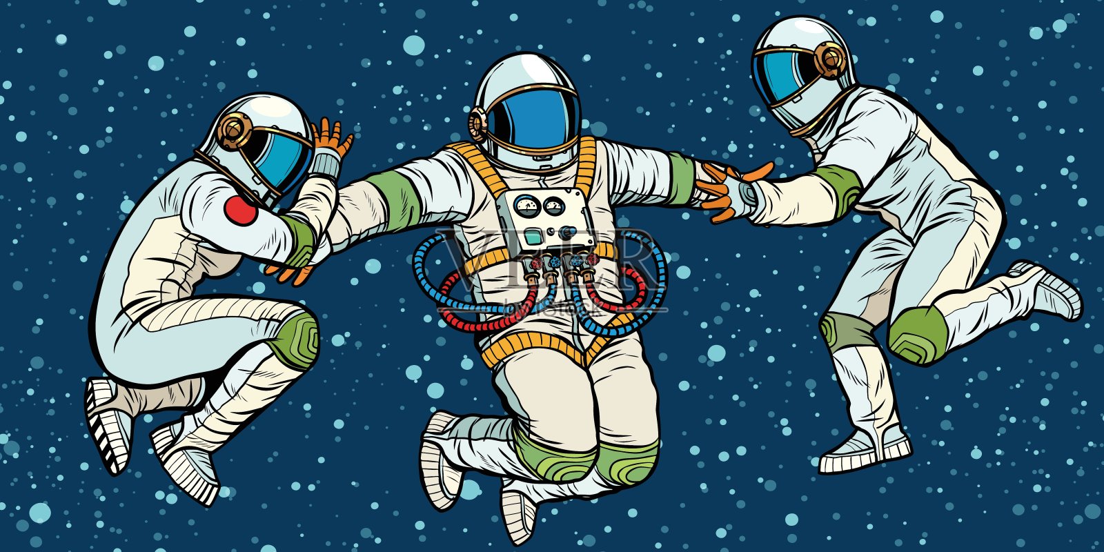 三名宇航员在太空中失重插画图片素材
