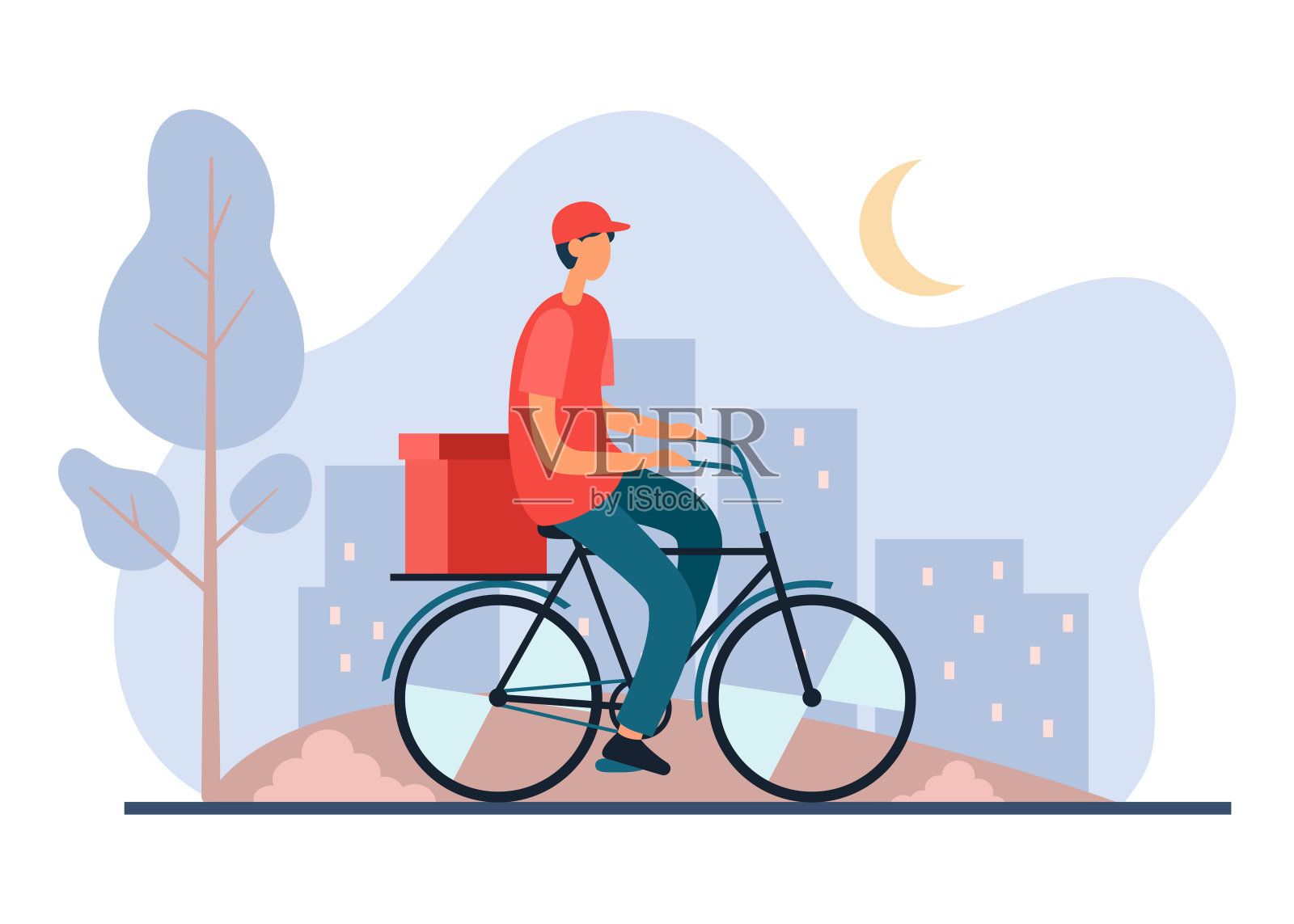 快递员深夜骑着自行车在城市里插画图片素材