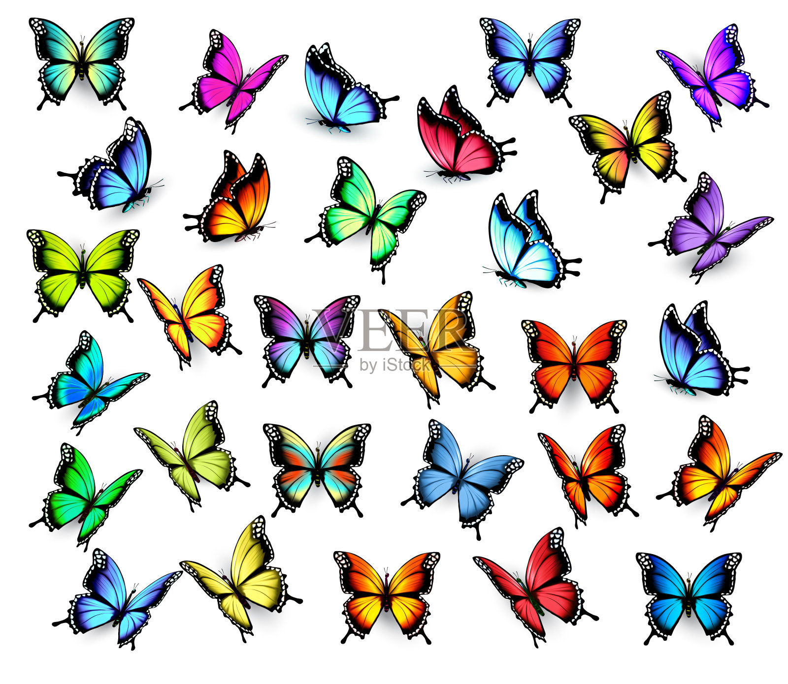 大群五彩缤纷的蝴蝶，飞向不同的方向。向量。设计元素图片