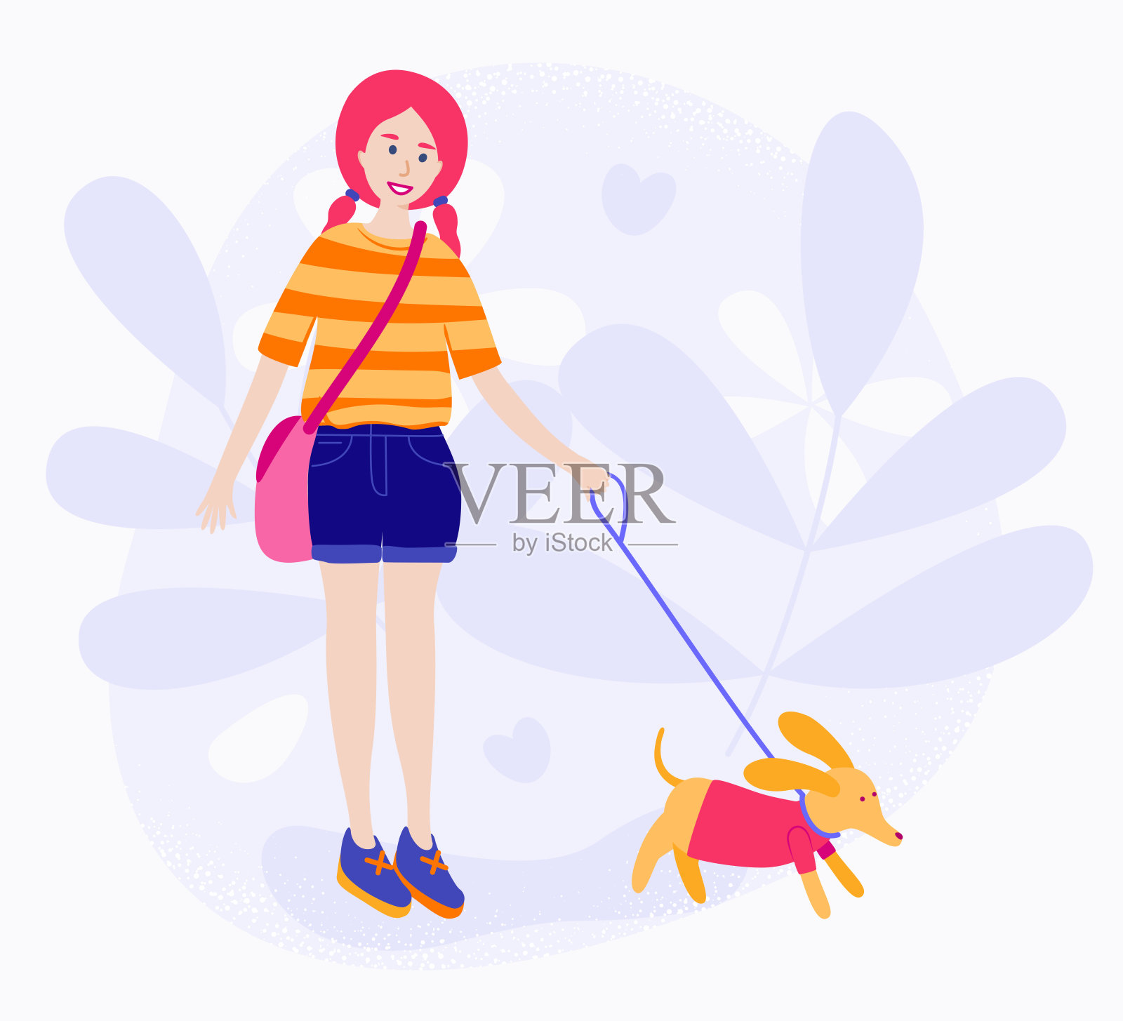 女孩和她的狗散步。平的卡通风格。矢量插图。设计元素图片