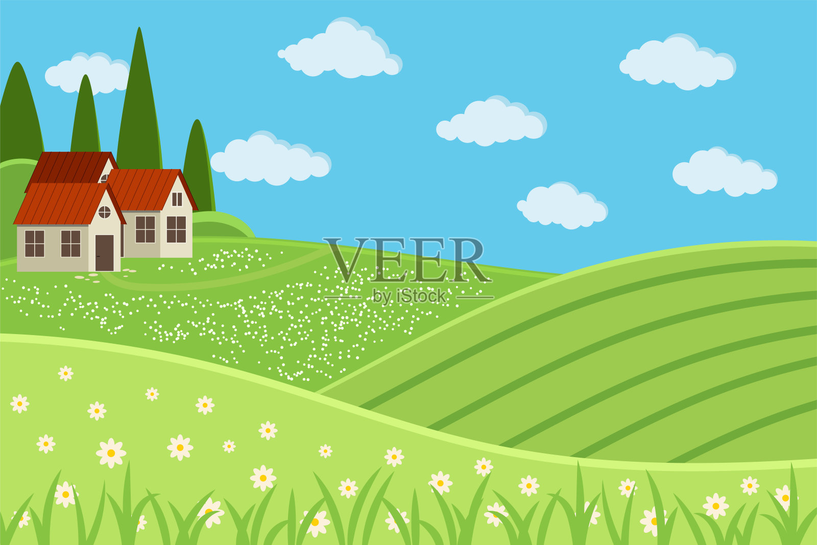 乡村农场景观场景与房屋平面设计卡通风格矢量插图。插画图片素材