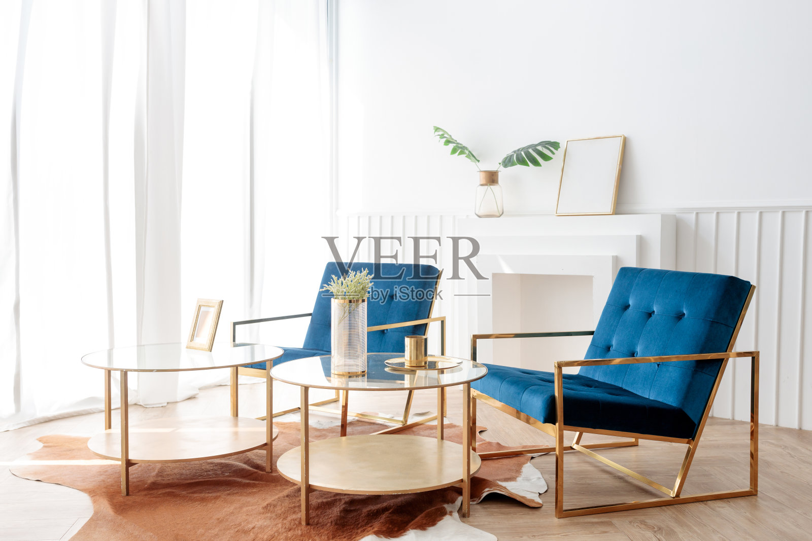 客厅内两张典雅舒适的扶手椅和金质玻璃咖啡桌照片摄影图片