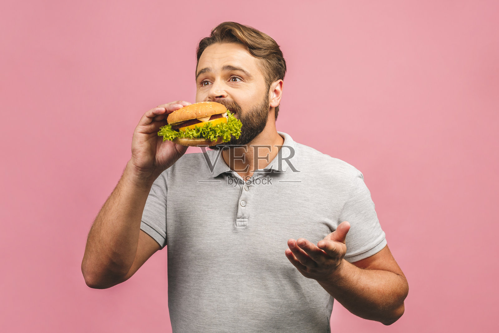 一个年轻人拿着一块汉堡包。大胡子gyu吃快餐。汉堡不是有益的食物。很饿的人。饮食的概念。孤立的粉红色背景。照片摄影图片